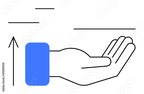 Outstretched hand alongside upward arrow representing assistance, growth, and progress. Ideal for success, help, guidance, support, improvement education and motivation themes. Line metaphor