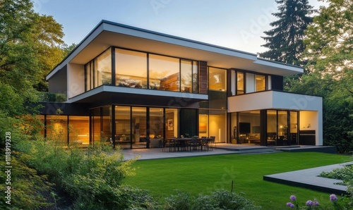 Modern house with large windows surrounded by greenery at sunset.