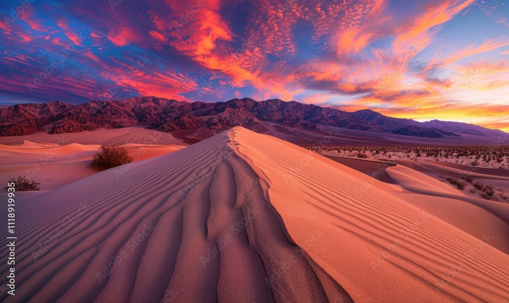 Naklejka premium Stunning desert landscape at sunset with vibrant sky colors.