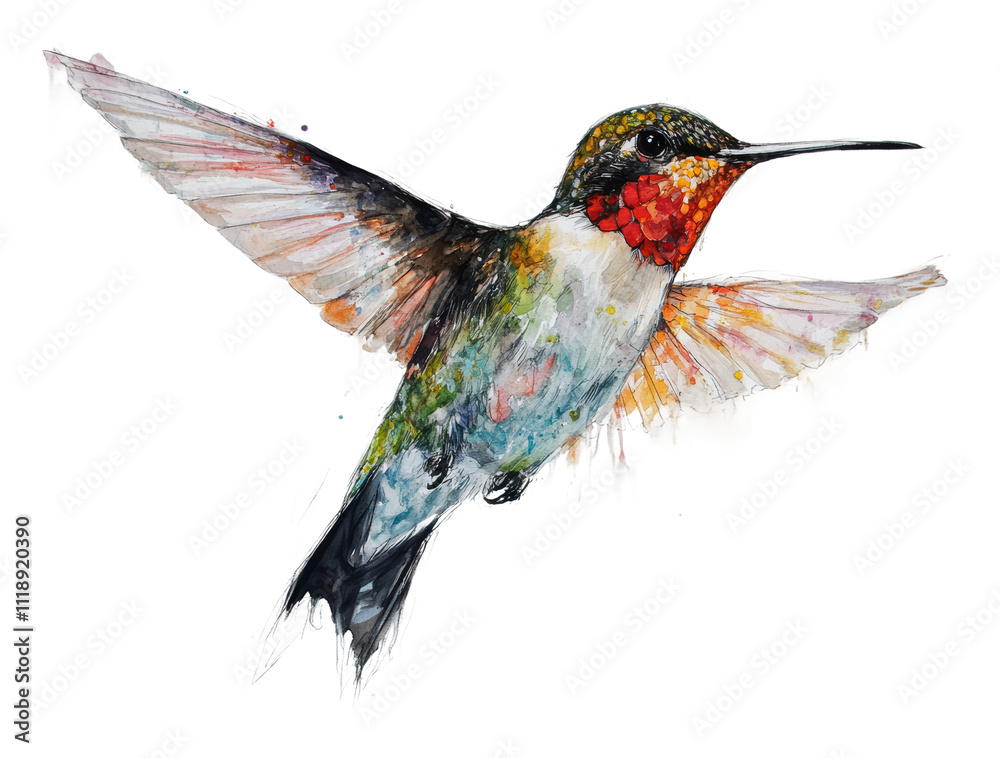 Obraz premium Colorful hummingbird in flight with vibrant wings, cut out - stock png.