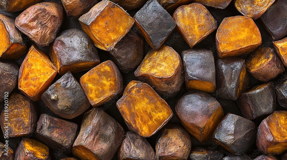 Perfectly Roasted Sweet Potatoes on Rustic Surface: Real Image with Natural Lighting Showcasing Golden Crispy Edges and Tender Interior. Perfectly Roasted Sweet Potatoes on Rustic Surface: Real Image with Natural Lighting Showcasing Golden Crispy Edges and Tender Interior.