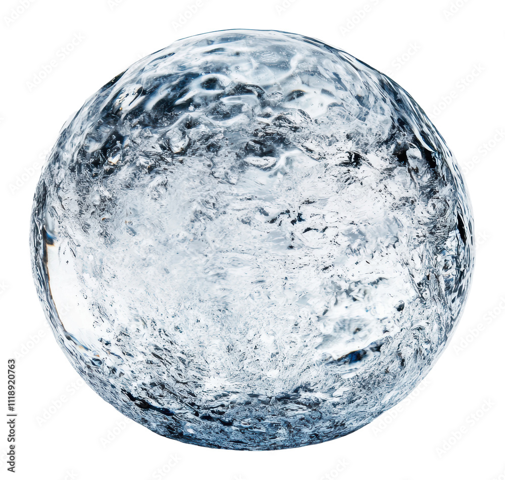 Sparkling clear ice sphere resting on a surface, cut out - stock png.
