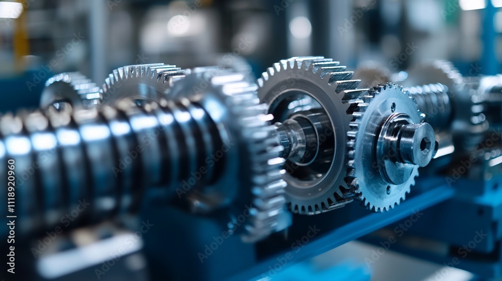 Close-up of intricate metal gears and screws in industrial machinery. Close-up of intricate metal gears and screws in industrial machinery.