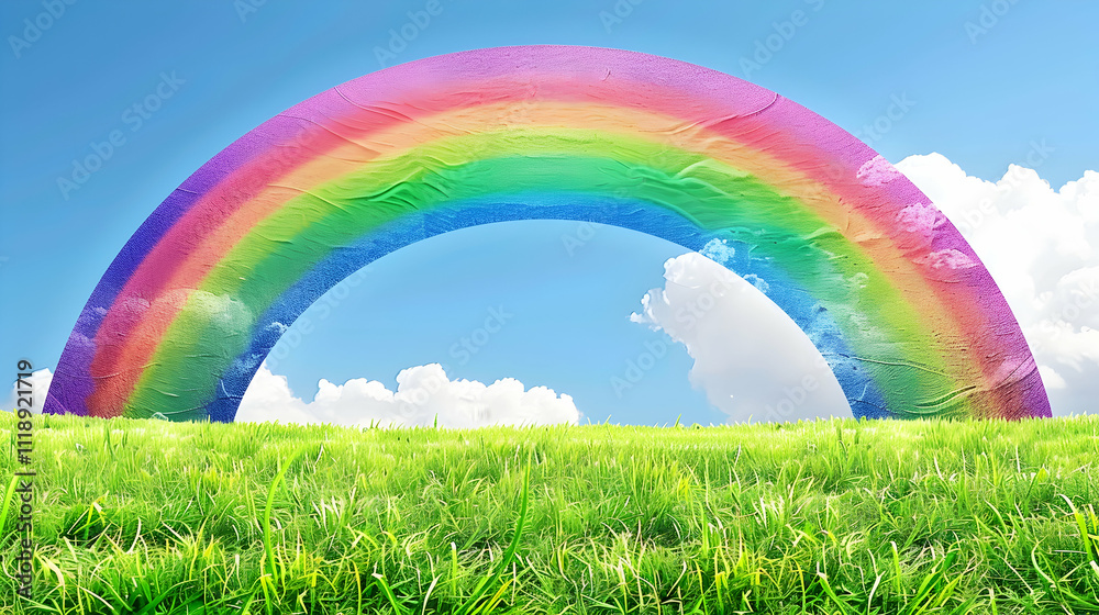 A vibrant rainbow arches over a lush green field under a clear blue sky.