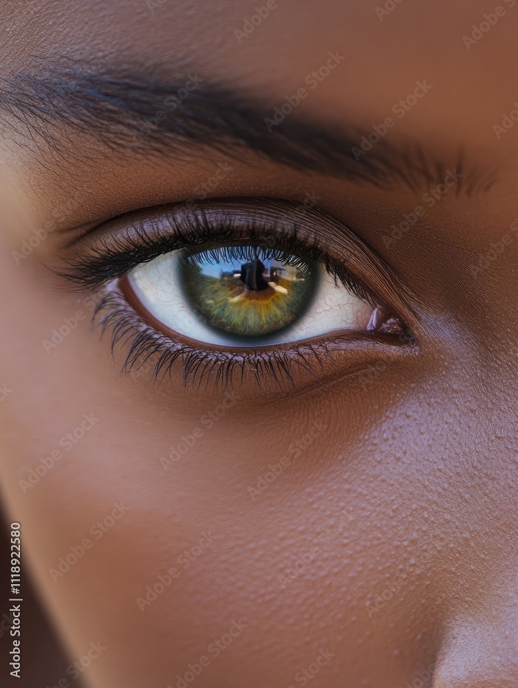 Obraz premium African girl eyes staring camera. Macro close-up Mixed race young woman eye, casual real person