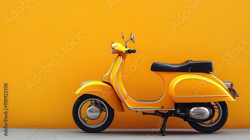 A vintage yellow scooter is isolated on an orange gradient background for versatile design use