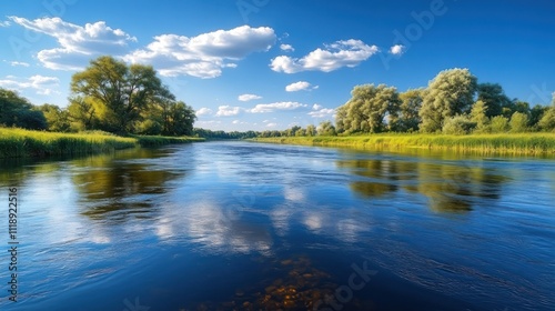 Calm river reflecting clouds and trees.