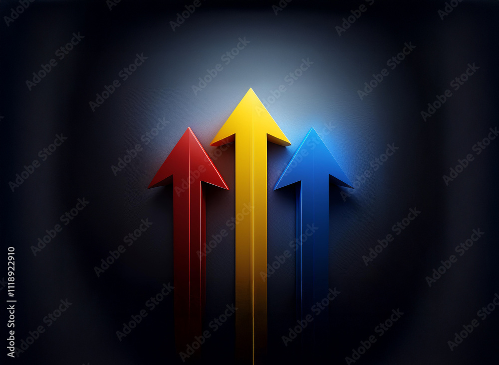 Three luminous arrows, red, yellow, and blue, ascend against a dark background, symbolizing growth, progress, and upward momentum.