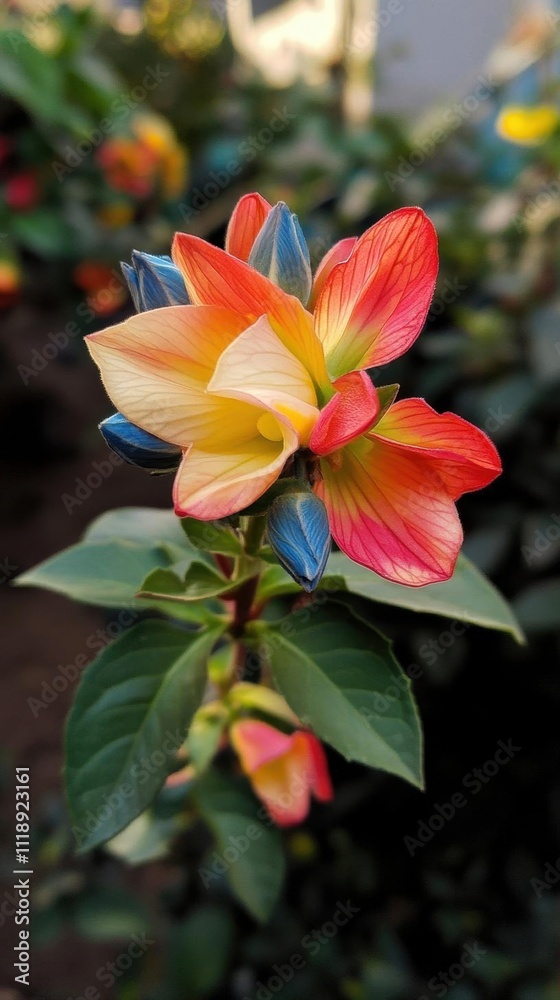 A vibrant flower with multicolored petals and lush green leaves. A vibrant flower with multicolored petals and lush green leaves.