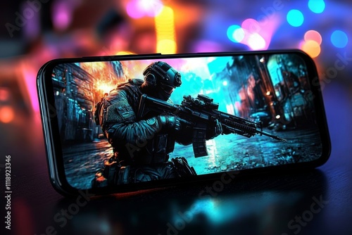 Smartphone displaying shooter video game with soldier character in tactical gear on screen set on gaming table with neon background photo