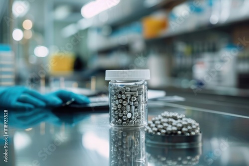 Scandium metal rods in labeled nonhazardous container in lab photo