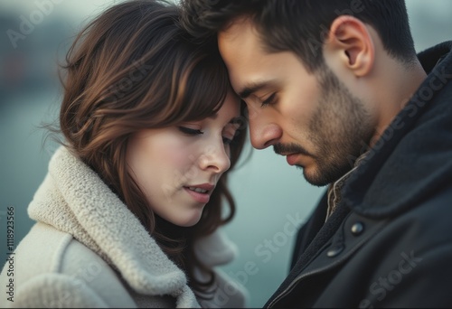 A couple stands close, foreheads touching, their expressions soft and tender against a blurred, serene backdrop. The warmth of their connection radiates through their gentle gazes, capturing a moment