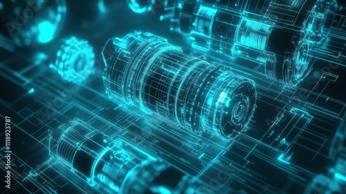 A digital representation of mechanical components in a futuristic design.