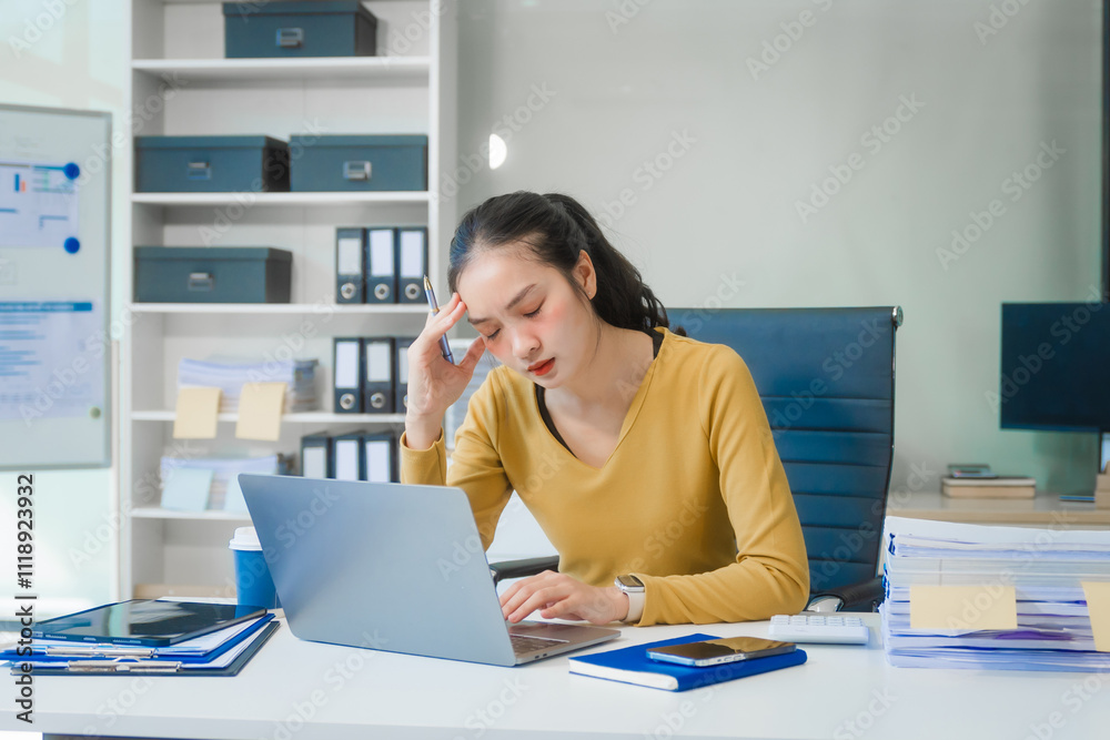 Obraz premium A young Asian businesswoman works alone at a desk with a laptop, stack of papers, and documents. She looks serious and stressed, analyzing financial losses and equity management under daylight.