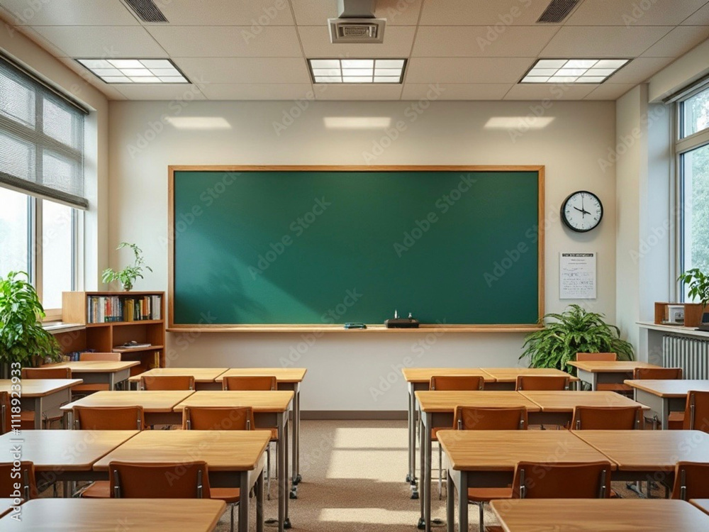 Classroom interior with desks, green chalkboard, and plants in a bright environment in a school setting Classroom interior with desks, green chalkboard, and plants in a bright environment in a school setting