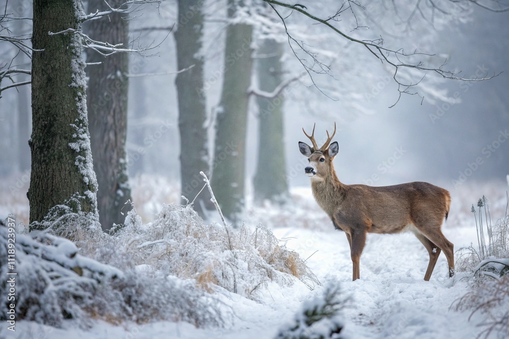 Generative ai collage photo of wild deer in winter woods Generative ai collage photo of wild deer in winter woods