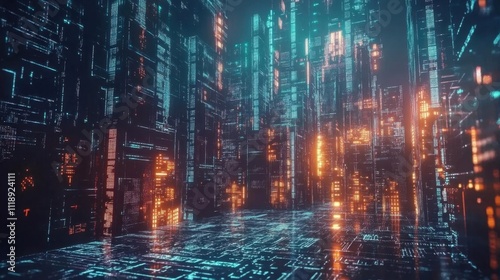 Futuristic digital cityscape with glowing data structures.