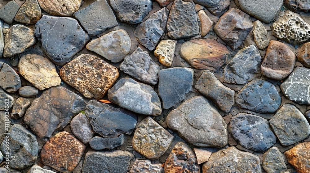 A close-up view of a textured stone wall composed of various rocks. A close-up view of a textured stone wall composed of various rocks.