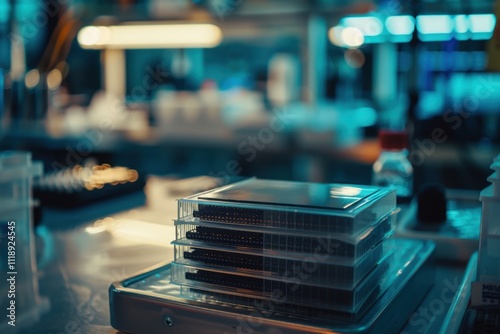 Silicon wafers in case on lab bench with tools photo