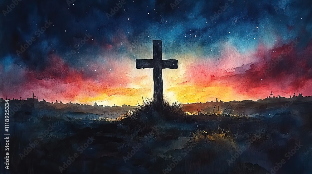 A watercolor painting of a cross on a dark sky, symbolizing Easter celebrations