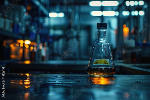 Dark benzene flask on lab bench with warning label