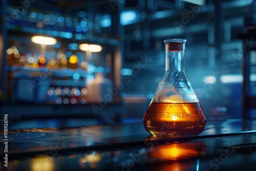 Dark benzene flask on lab bench with warning label