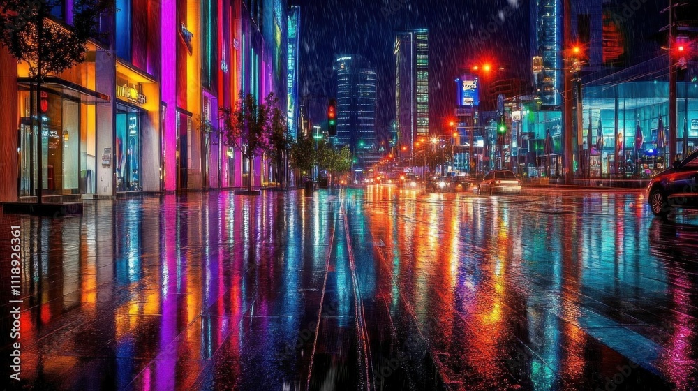 Vibrant cityscape reflecting colorful lights on a rainy night. Vibrant cityscape reflecting colorful lights on a rainy night.
