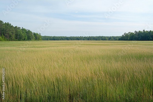 A serene landscape featuring a vast field of tall grass under a blue sky.