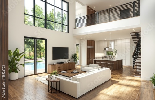 Modern open-plan living room with high ceilings, hardwood floors, large windows, and a view of a swimming pool.