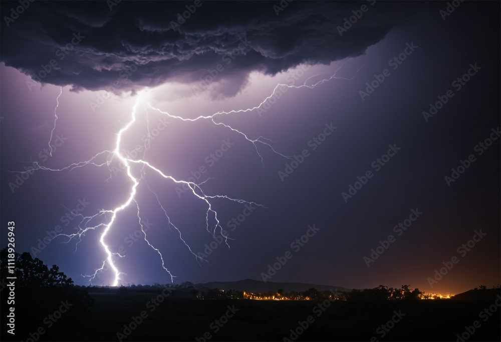 Spectacular Lightning Flashes Illuminate the Dramatic Cloudy Dark Night Sky. Spectacular Lightning Flashes Illuminate the Dramatic Cloudy Dark Night Sky.