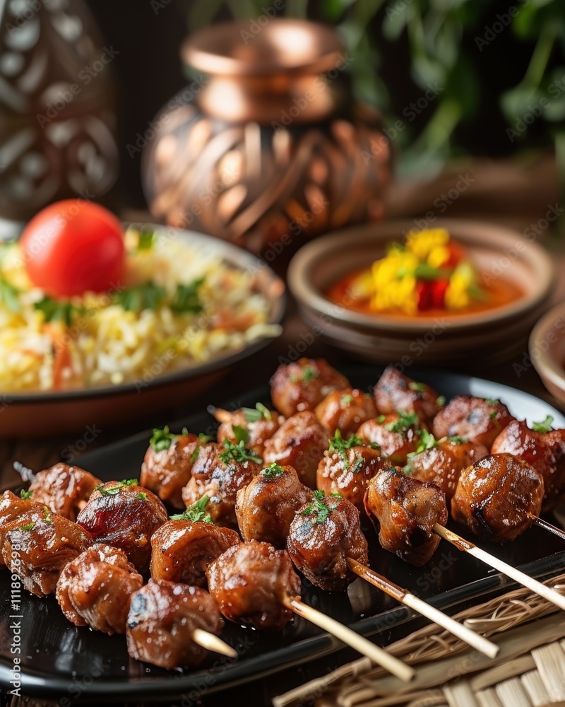 A delicious platter of grilled skewers served with rice and sauces. A delicious platter of grilled skewers served with rice and sauces.