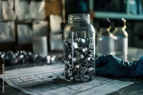 Indium ingots labeled nonhazardous on lab bench with charts photo