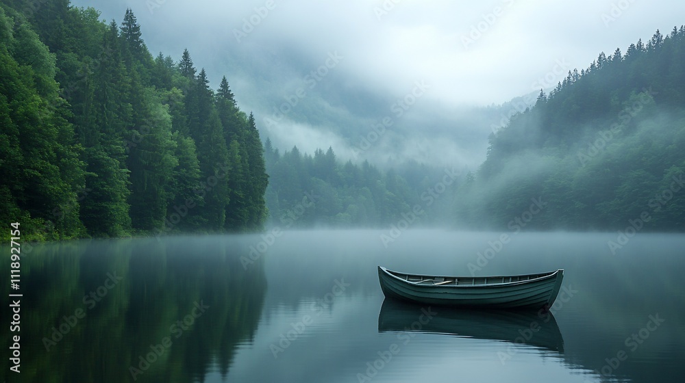 Serene misty lake with a lone boat, reflecting tranquil forest landscape. Serene misty lake with a lone boat, reflecting tranquil forest landscape.