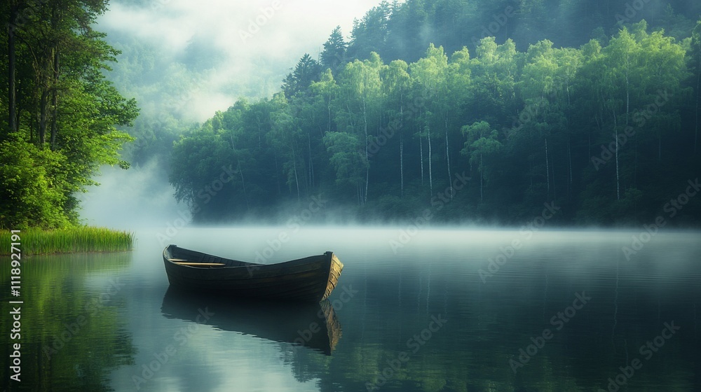 Serene misty lake with a wooden rowboat. Serene misty lake with a wooden rowboat.