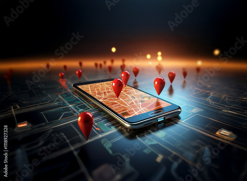 A smartphone displays a map with numerous red location markers, illustrating GPS navigation and location tracking technology.  Surrounding the phone are more markers on a digital map, suggesting globa photo