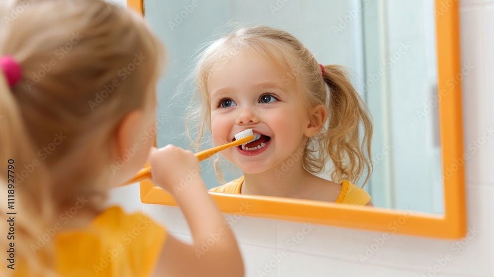Girl child, mirror and brushing teeth in bathroom for hygiene with wellness, growth and gingivitis prevention in home. Young kid, reflection and tooth cleaning with development, foam and healthy gums Girl child, mirror and brushing teeth in bathroom for hygiene with wellness, growth and gingivitis prevention in home. Young kid, reflection and tooth cleaning with development, foam and healthy gums