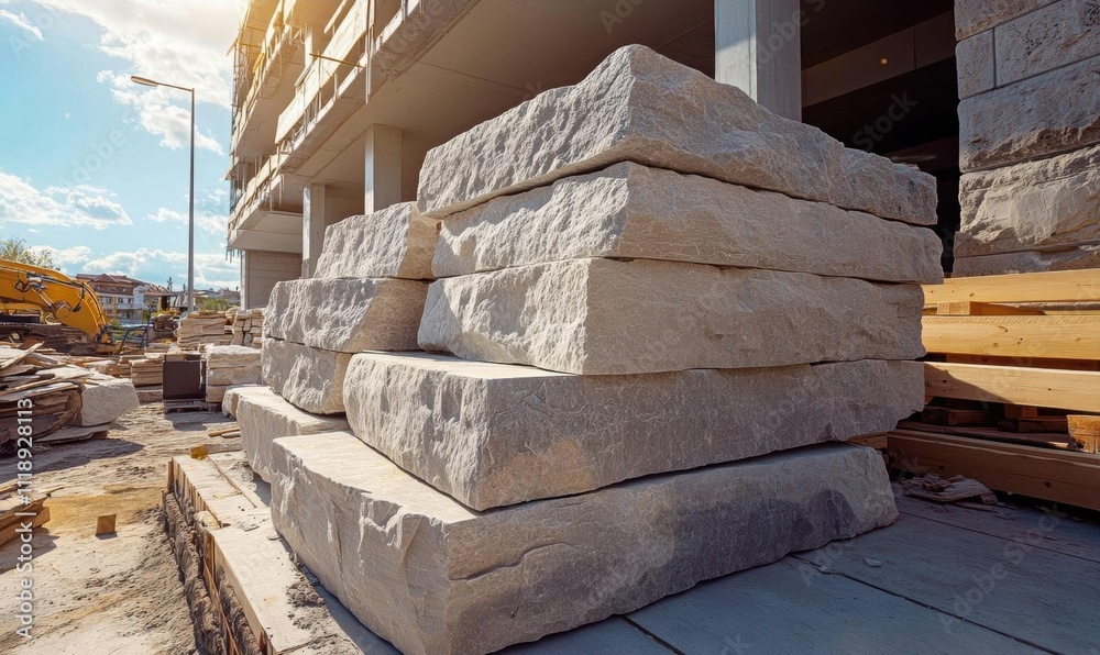 Stacked stone blocks at a construction site, ready for use. Stacked stone blocks at a construction site, ready for use.