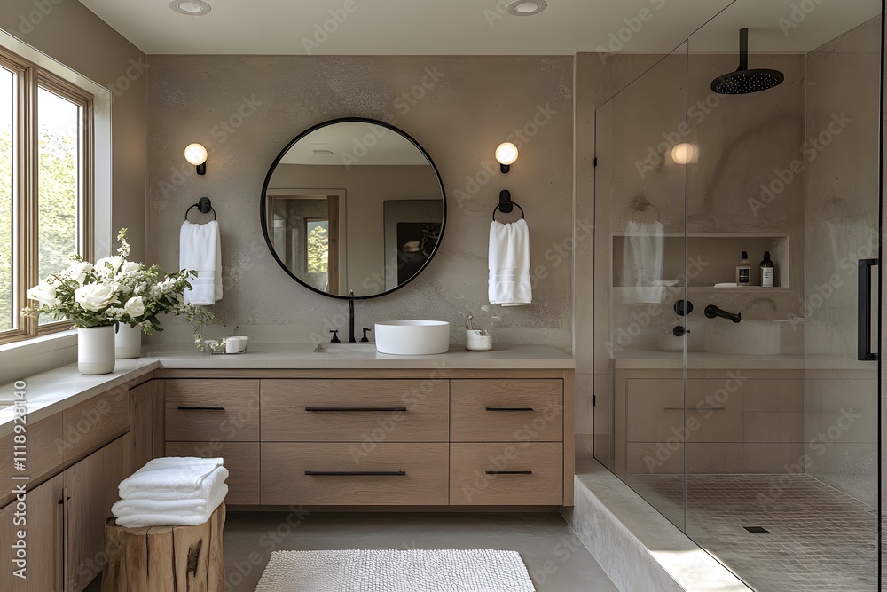 Modern Minimalist Bathroom with Wooden Vanity, Round Mirror, Glass Shower Enclosure, and Elegant Decor Featuring Hanging Lights, Indoor Plants, and Natural Light. Modern Minimalist Bathroom with Wooden Vanity, Round Mirror, Glass Shower Enclosure, and Elegant Decor Featuring Hanging Lights, Indoor Plants, and Natural Light.