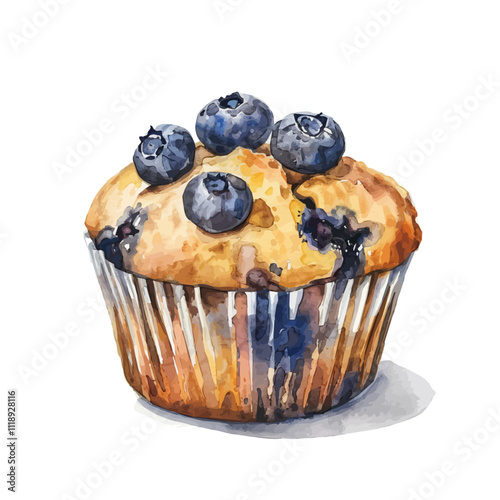 A watercolor painting of a muffin with blueberries, isolated on a white background. Muffin with blueberries vector.