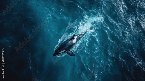 Here's a  and keyword list for your stock photo.. Orca whale swimming in deep blue ocean. photo