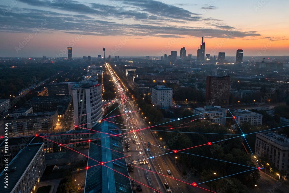 Fototapeta premium The evening city is highlighted with red and blue lines. The concept of total control by artificial intelligence over the movement of vehicles and people