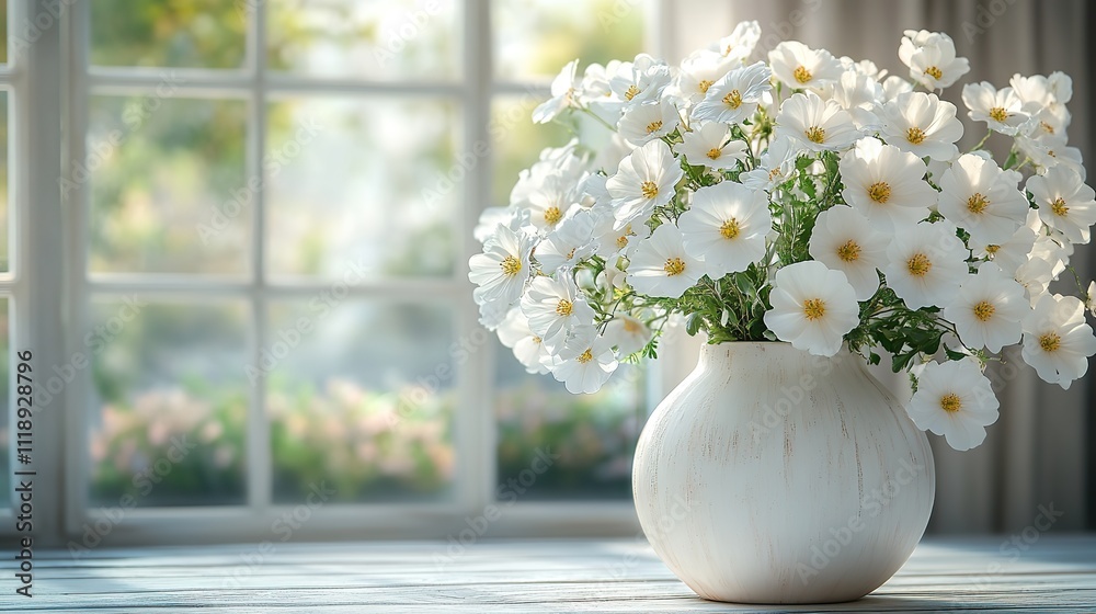 A white wooden table is adorned with a vase of white flowers in front of a blurred window A white wooden table is adorned with a vase of white flowers in front of a blurred window