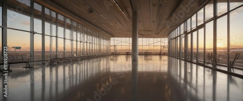 A long corridor in a modern international airport terminal with large glass windows at sunset and natural light pouring in, terminal, sleek, glass