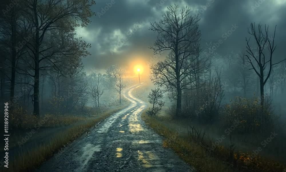 A winding road through a misty forest at sunrise, evoking a sense of mystery and tranquility. A winding road through a misty forest at sunrise, evoking a sense of mystery and tranquility.