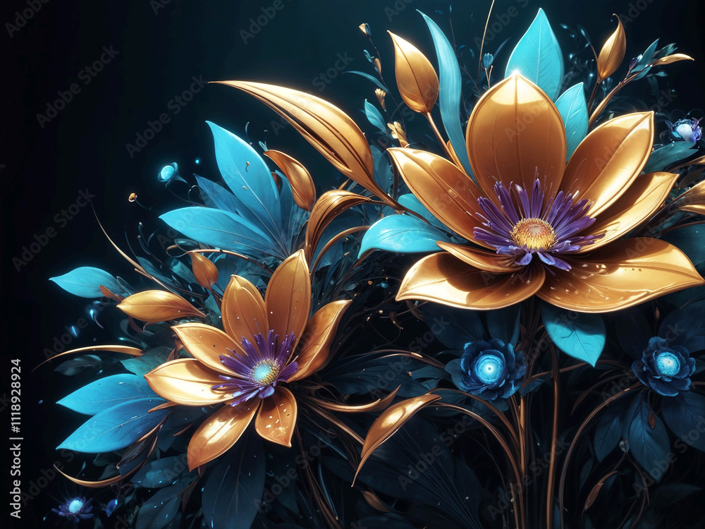 Fototapeta premium Abstract yellow blue floral shiny background in futuristic style illustration