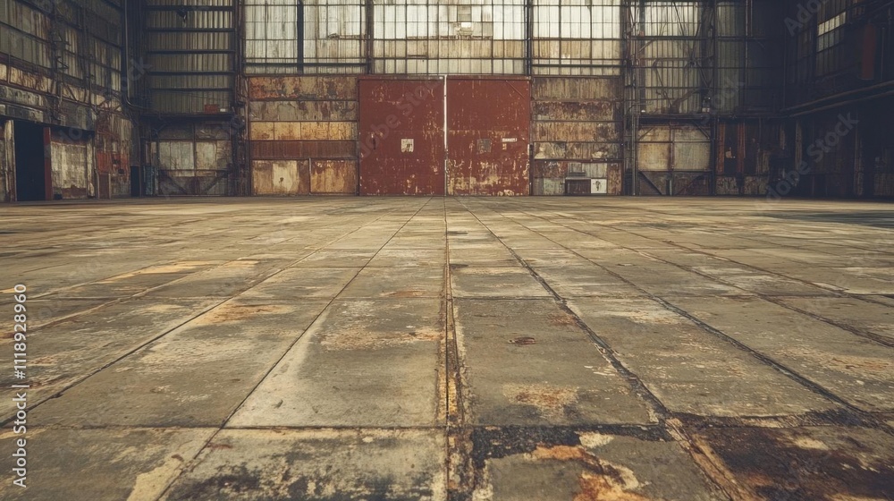 Fototapeta premium An empty industrial space with a worn floor and large windows.