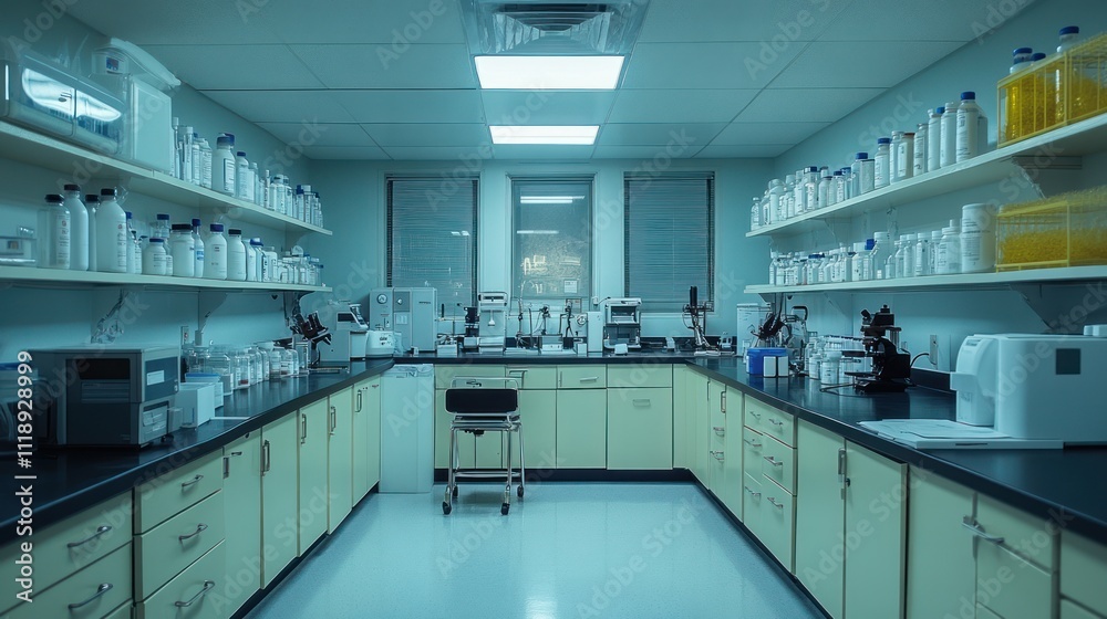 Empty modern laboratory at night with equipment, microscopes, and chemicals on shelves. Empty modern laboratory at night with equipment, microscopes, and chemicals on shelves.