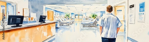 A serene hospital corridor with a patient walking towards a reception area, featuring bright lighting and modern decor.
