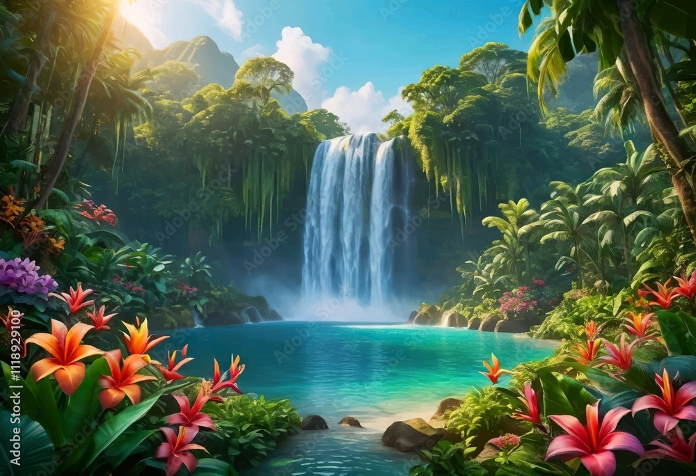 Naklejka premium Beautiful and Peaceful Nature Scenery Illustration Landscape Countryside Tranquil Vibrant and Colorful