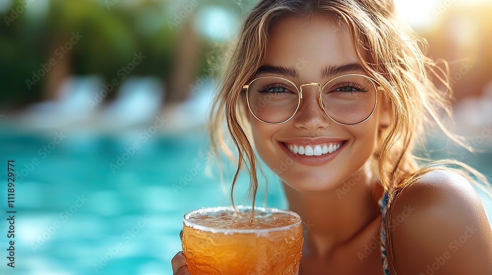 A woman relaxing on a sunbed near the pool, holding a cocktail in hand A woman relaxing on a sunbed near the pool, holding a cocktail in hand